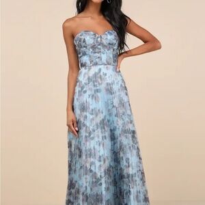Lulu's Strapless Blue and Gray Floral Dress